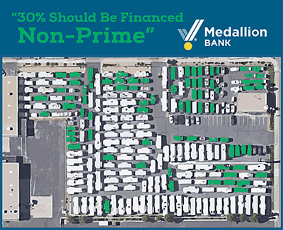 The green headline says, "30% Should Be Financed Non-Prime." Image shows a satellite view of an RV dealer lot with hundreds of RVs and trailers. About 30 percent of the units, mostly smaller, are green to show how many units are likely to be sold to customers who have credit challenges.