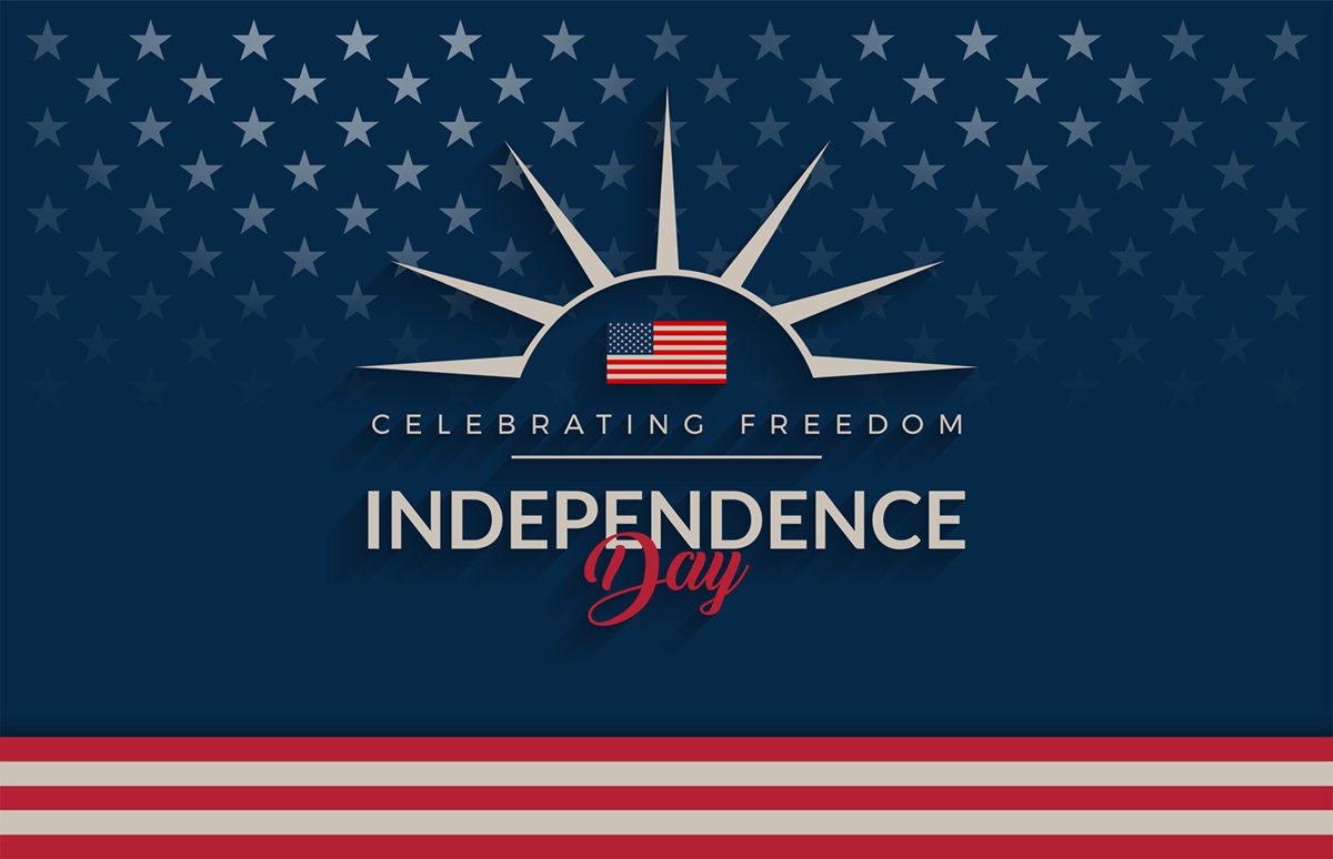 Graphic showing elements of stars and stripes in red white and blue that says "Celebrating Freedom. Independence Day".